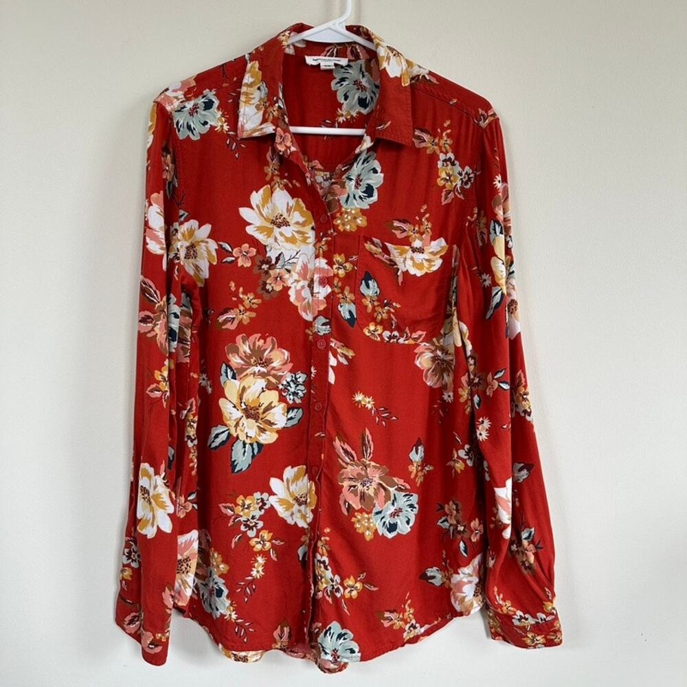 BeachLunchLounge Floral Shirt Button Down Long Sleeve Summer Orange MEDIUM